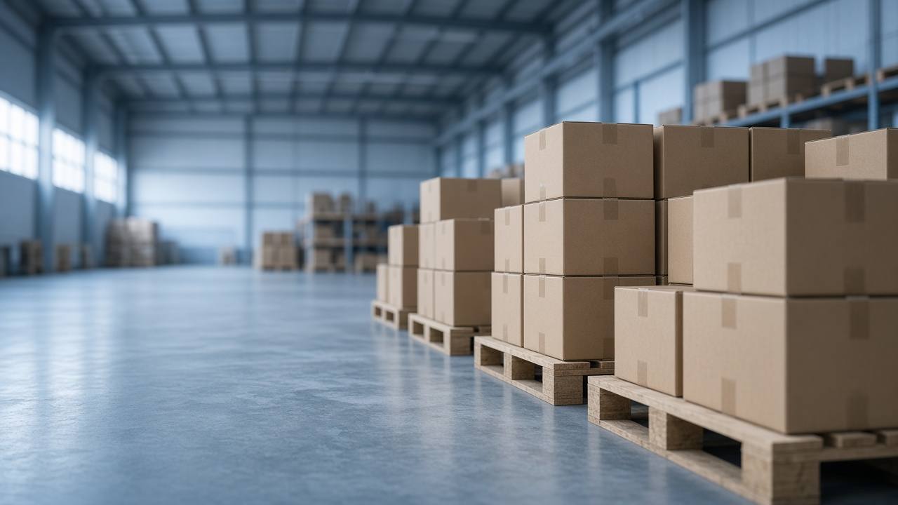 Warehouse with stacked cartons ready for handheld coding